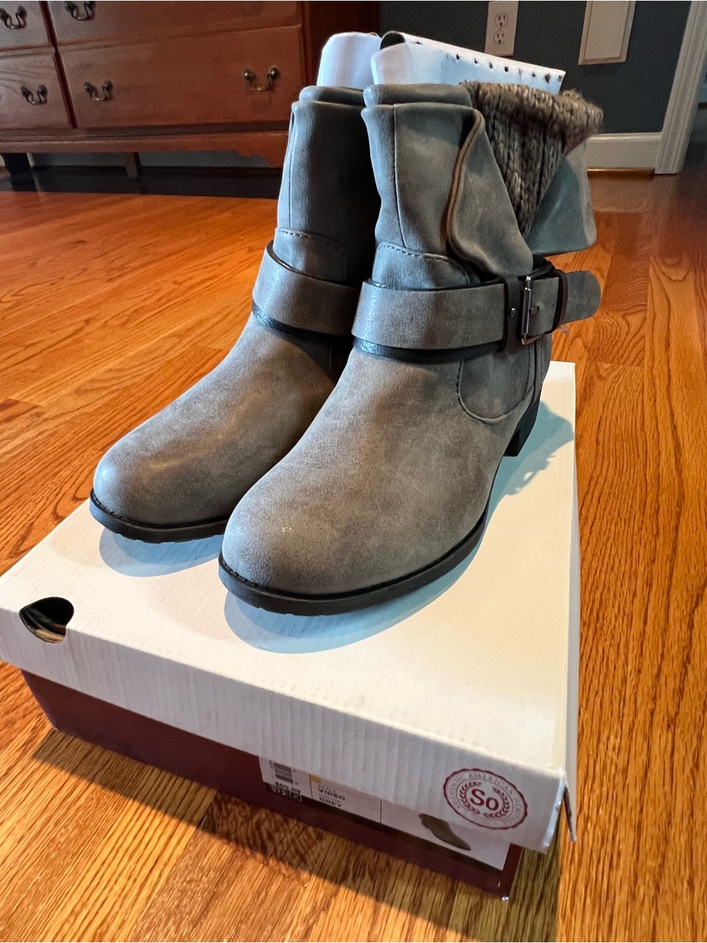 SO Gray Fold-Over Ankle Boots with Knit Cuff and Buckle